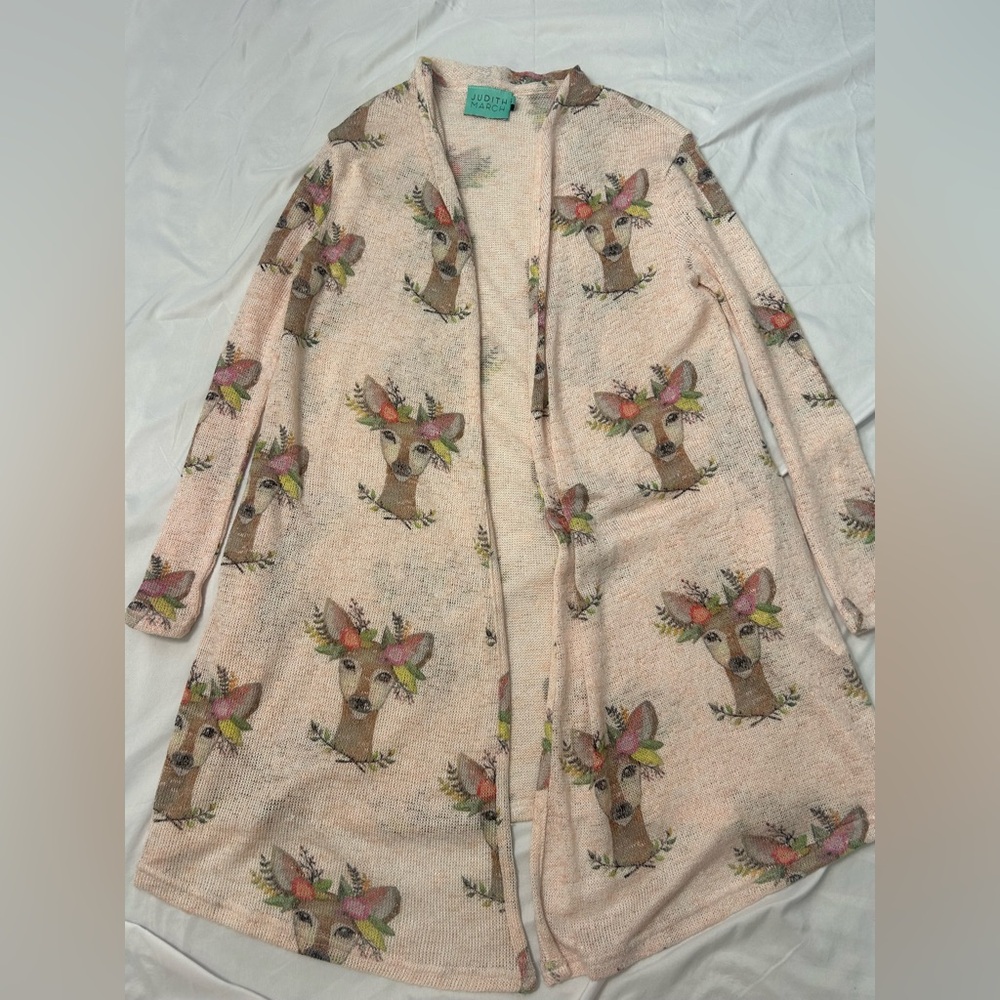 Judith March Women's Floral Deer Print Cardigan Sweater S Boho Pockets
